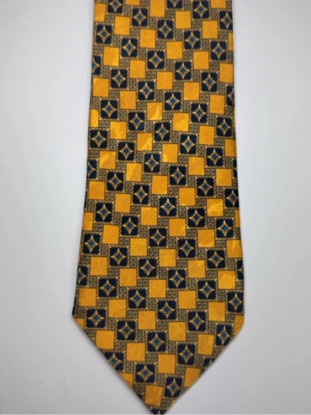 Vintage Richel 100% Silk Geometric Necktie Gold Navy Gray Made in USA Classic Ti